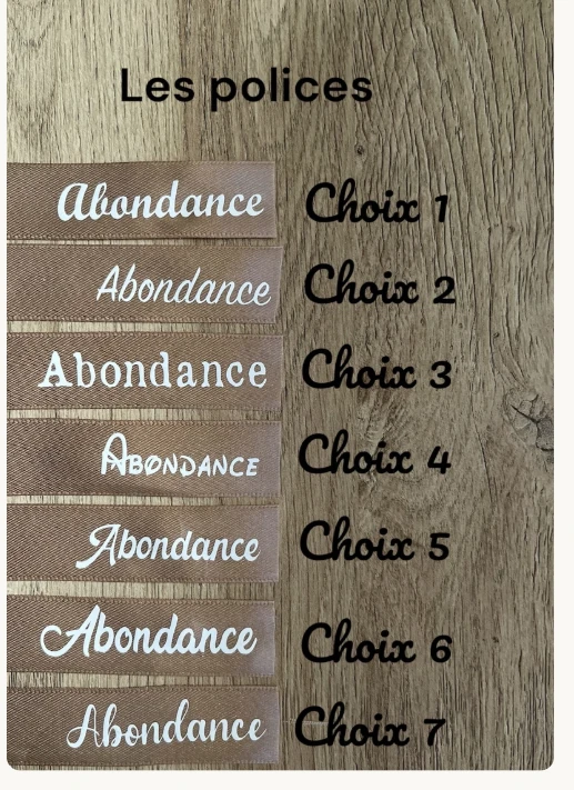 Planche d’écriture de la boutique Encanto, choix 1 à 7